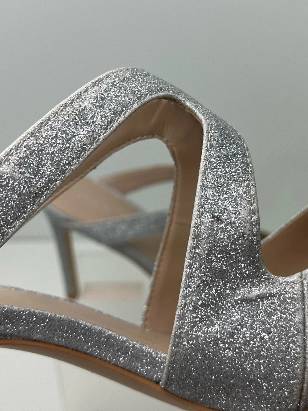 Stuart Weitzman Silver Glitter Crossover Pointed Toe Holiday High Heel Mule